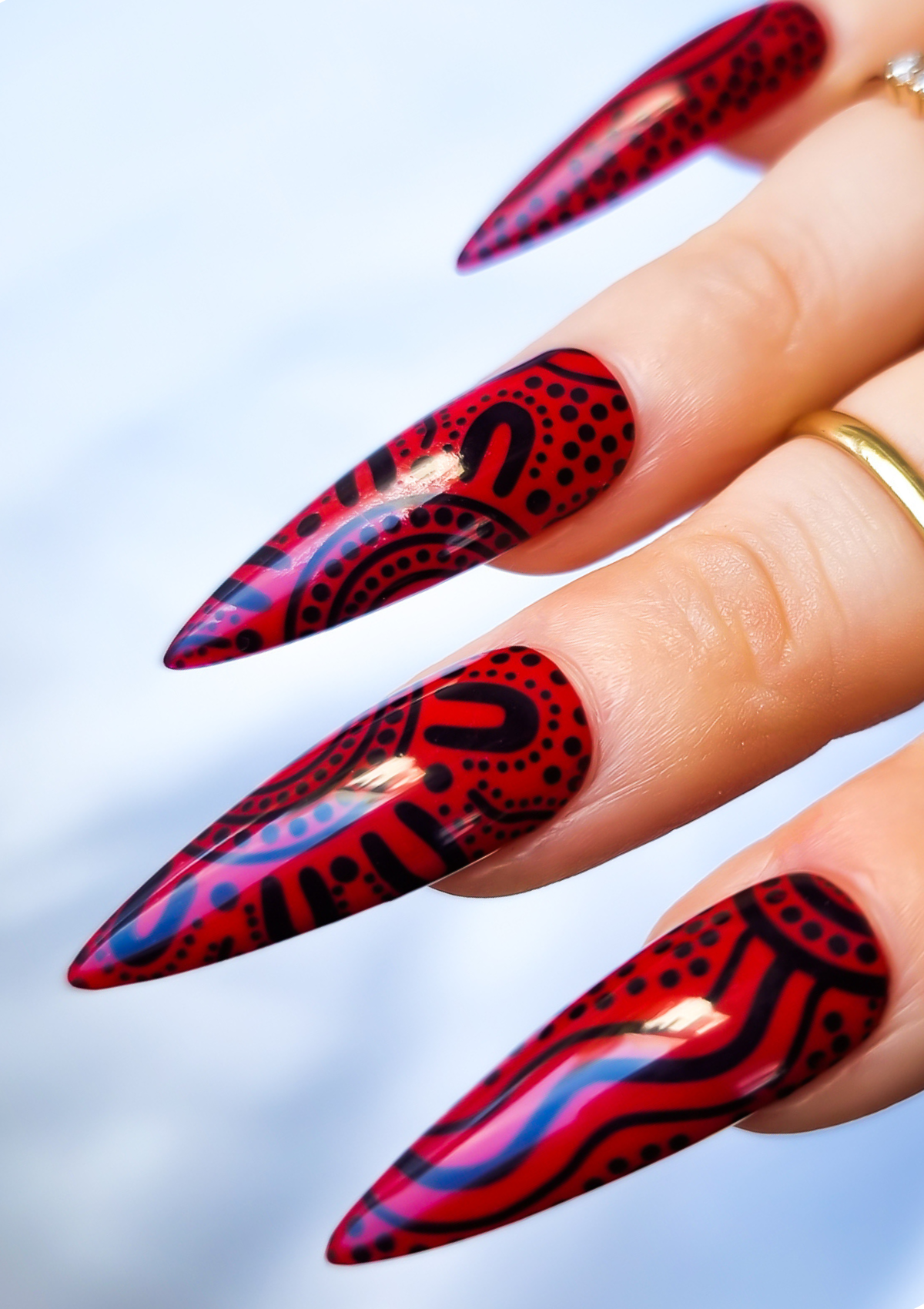 Red nail with black Aboriginal Australian nail art designs