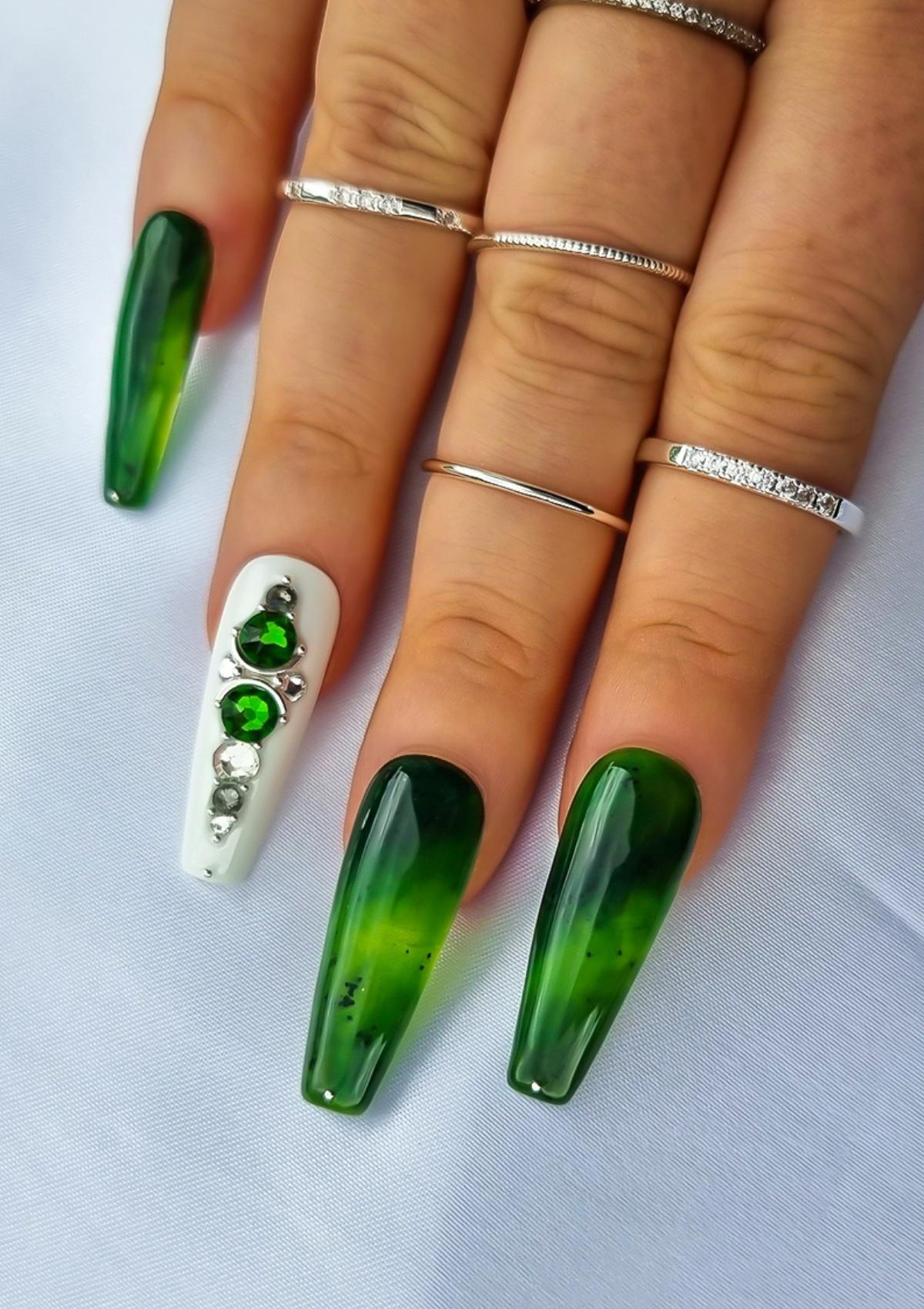 White and pounamu greenstone nails with matching Swarovski crystals