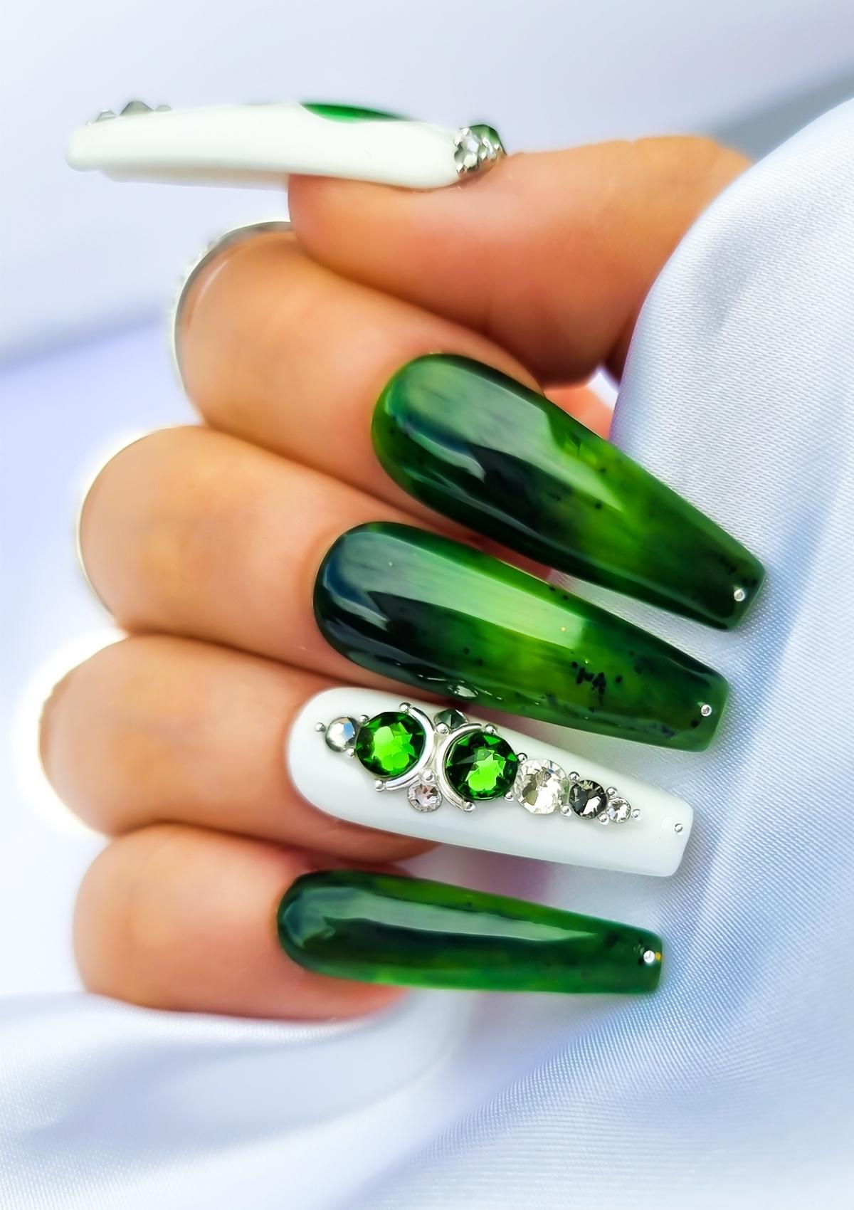 White and pounamu greenstone nails with matching Swarovski crystals