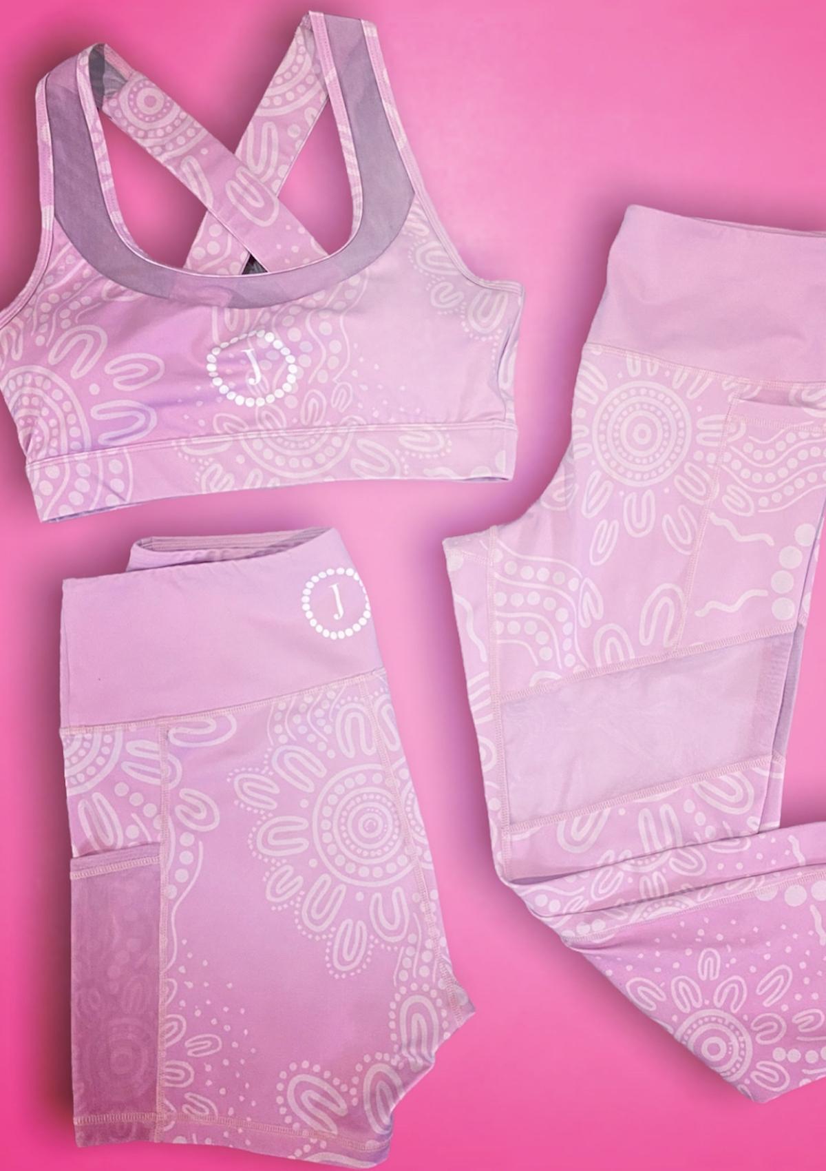 Pink activewear set with Aboriginal Australian designs