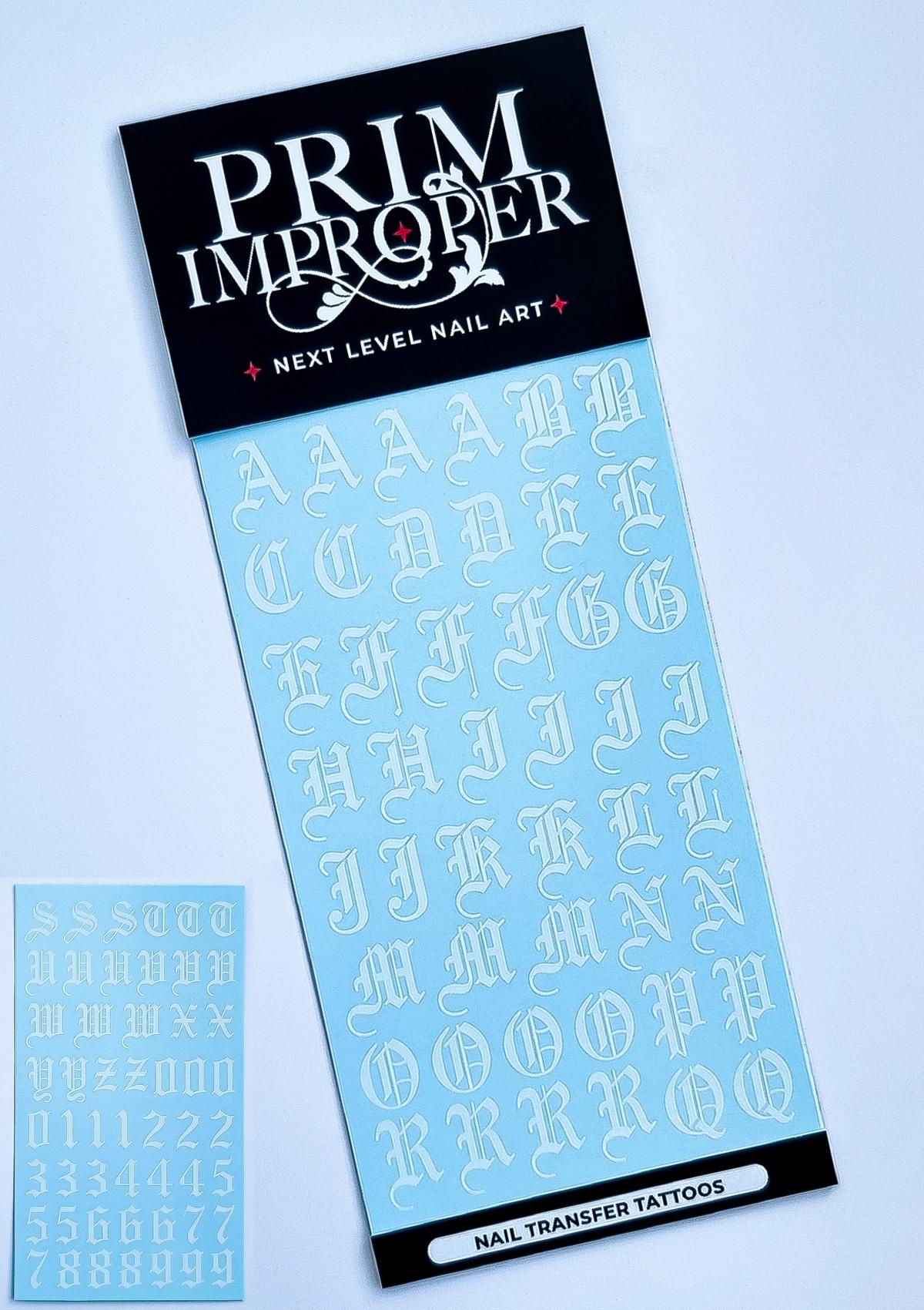 NAIL TRANSFER TATTOOS - OLD ENGLISH - WHITE