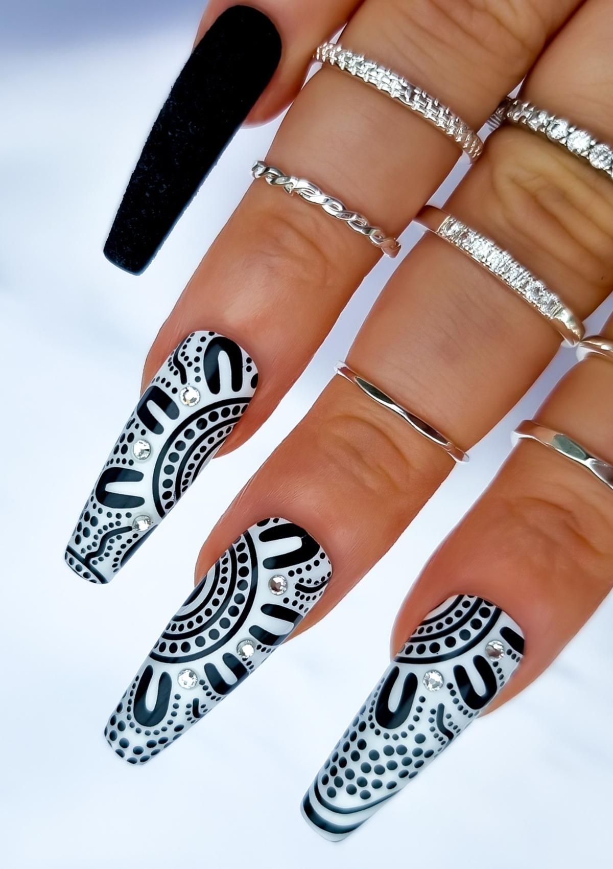 Black and white Aboriginal Australian nail art design