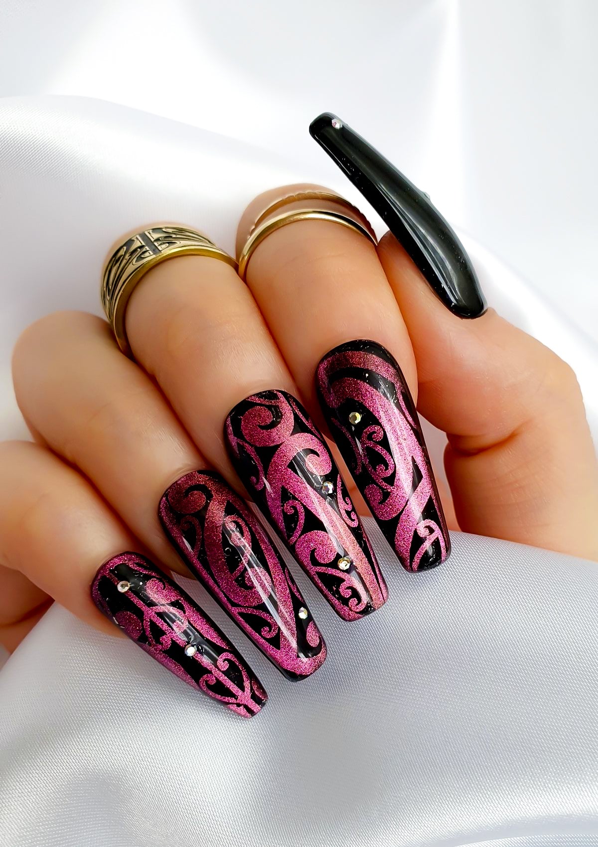 Purple nails with Black Maori Nail Foil design and Swarovski crystals