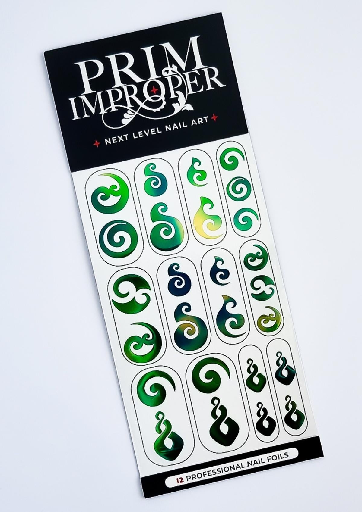 Green Maori Nail Foils with assorted pounamu carving shapes 